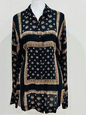 Free People Womens Button Up Tunic Shirt Long Sleeve Black Size S